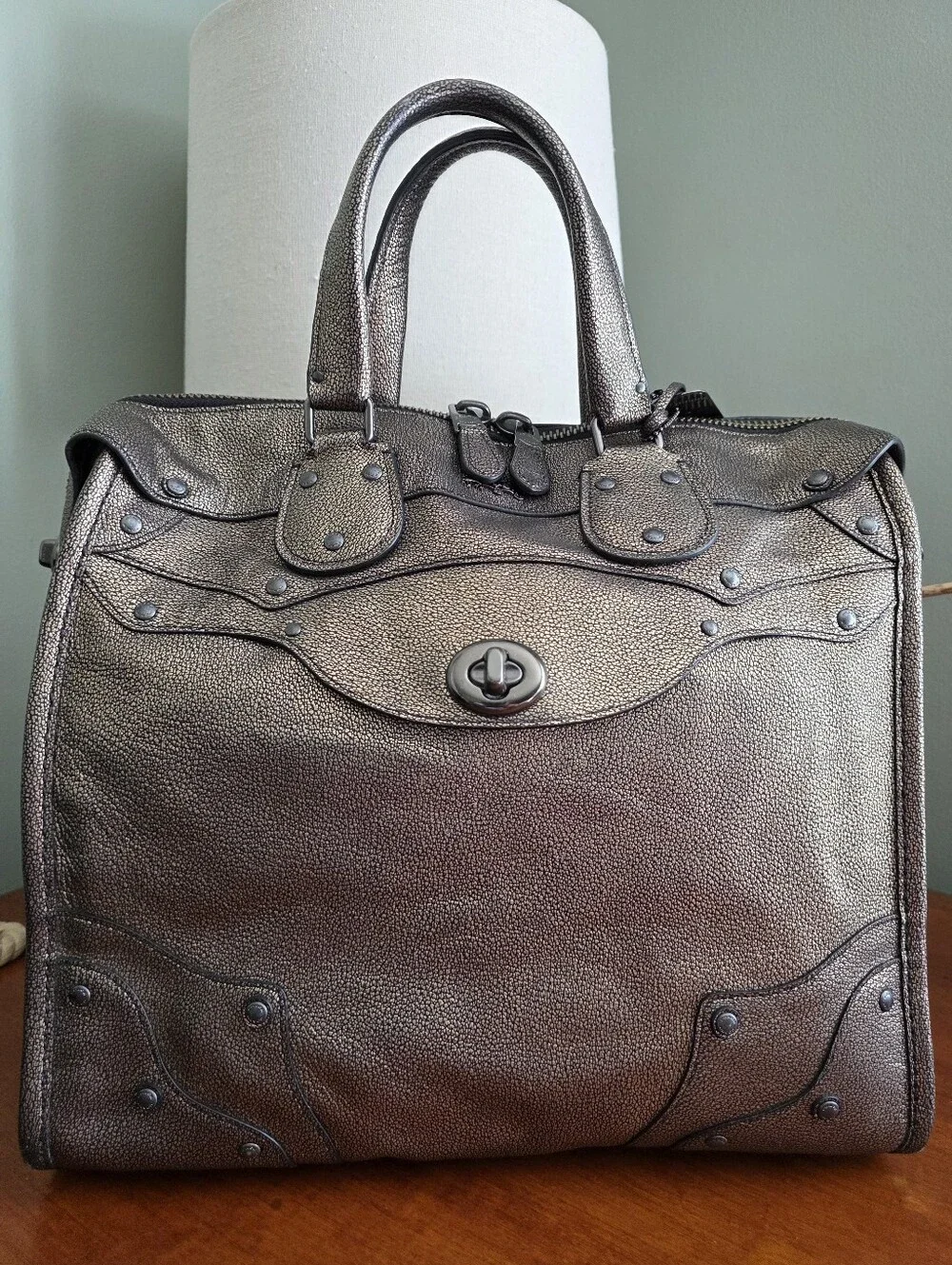 Coach 33740 Rhyder 33 Elevated Satchel Metallic Gold Pebbled Leather Gunmetal